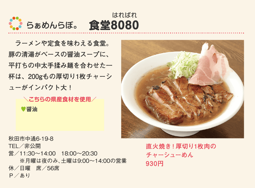 店名：らぁめんらぼ。　食堂8080／使用している県産食材：醤油／メニュー：直火焼き！厚切り1枚肉のチャーシューめん　930円